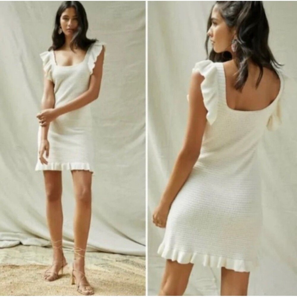 House of Harlow Dress Knit Crochet Pointelle White Cream Ruffles Lined Med New